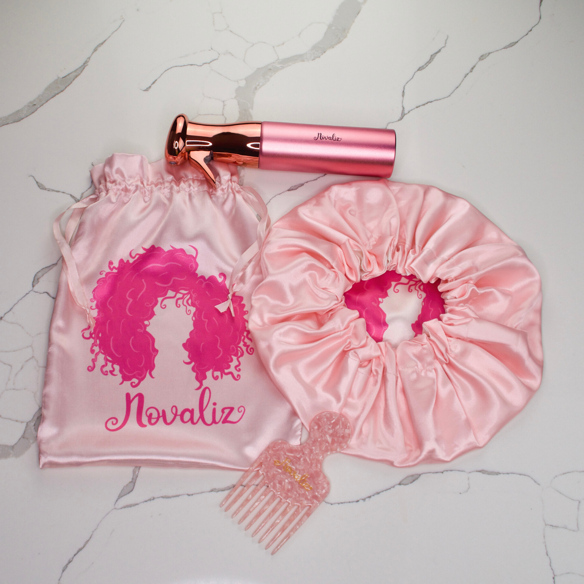 pink bonnet, pink hair pick, rose gold mist spray bottle