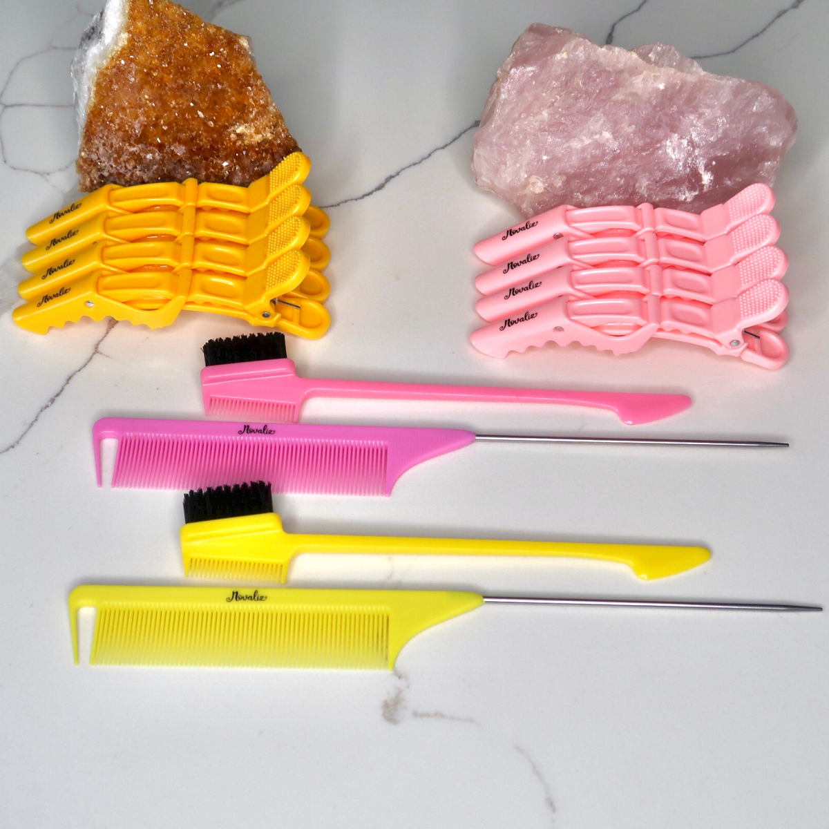 parting comb, edge control brush & alligator hair clips in pink & yellow colors