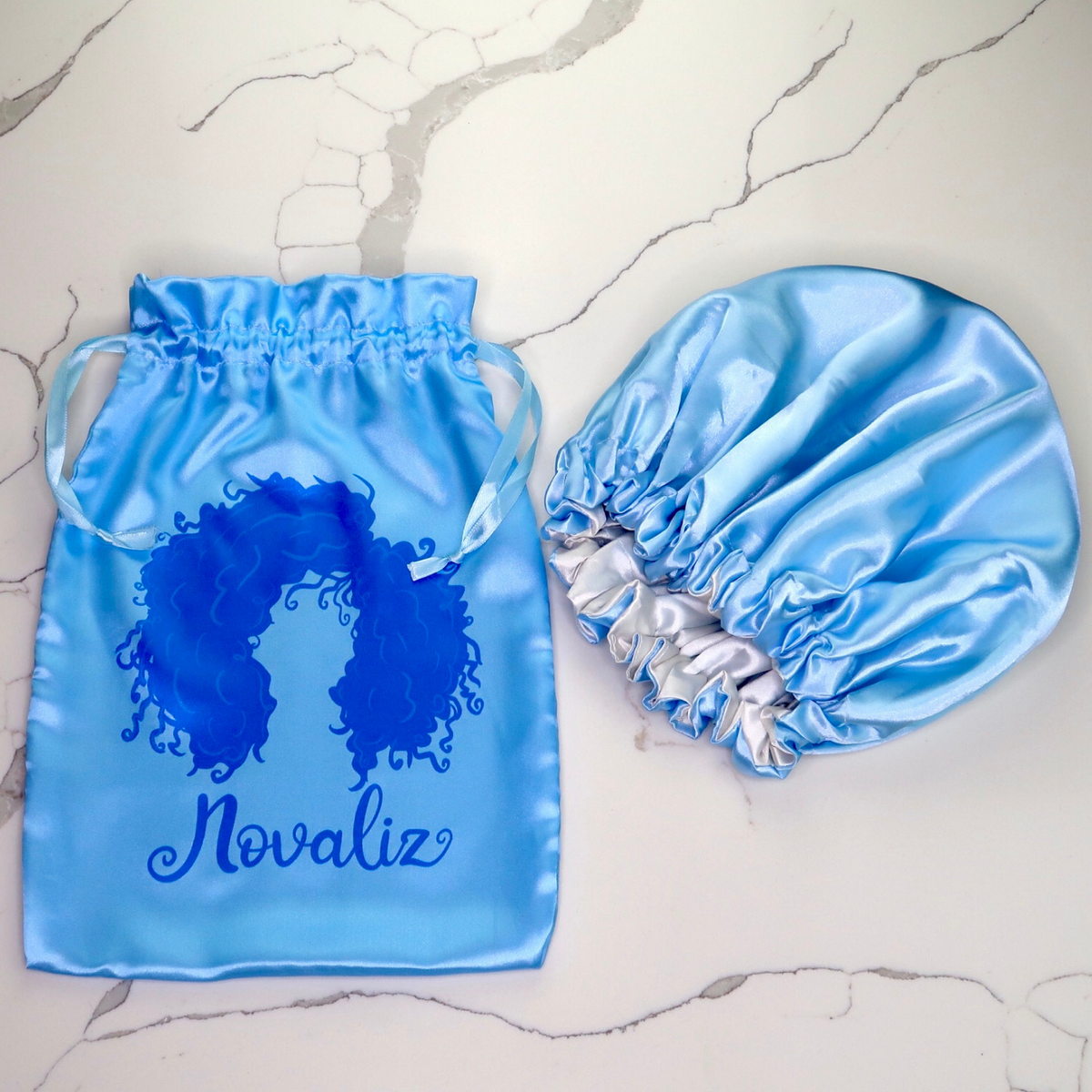 baby blue satin bonnet with matching satin bag