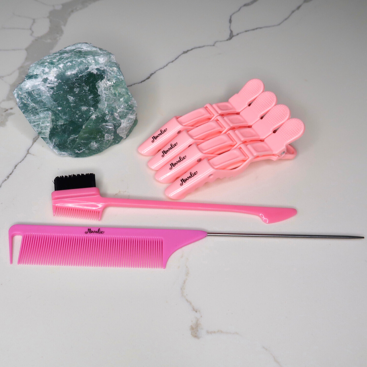 parting comb, edge control brush & alligator clips in pink color