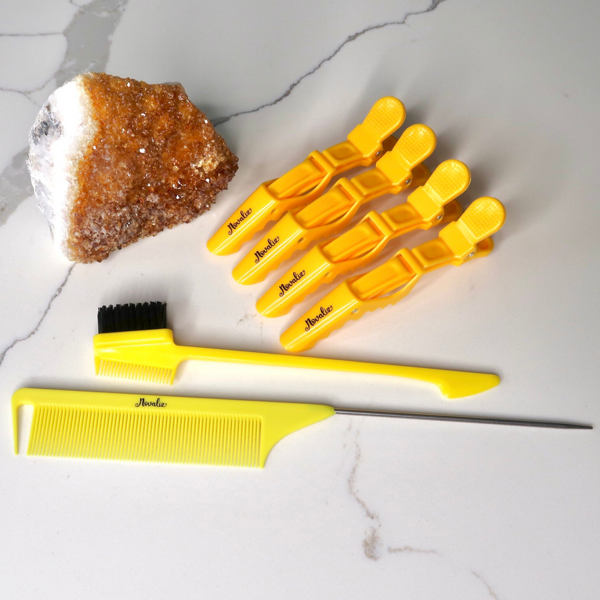 parting comb, edge control brush & alligator clips in yellow color